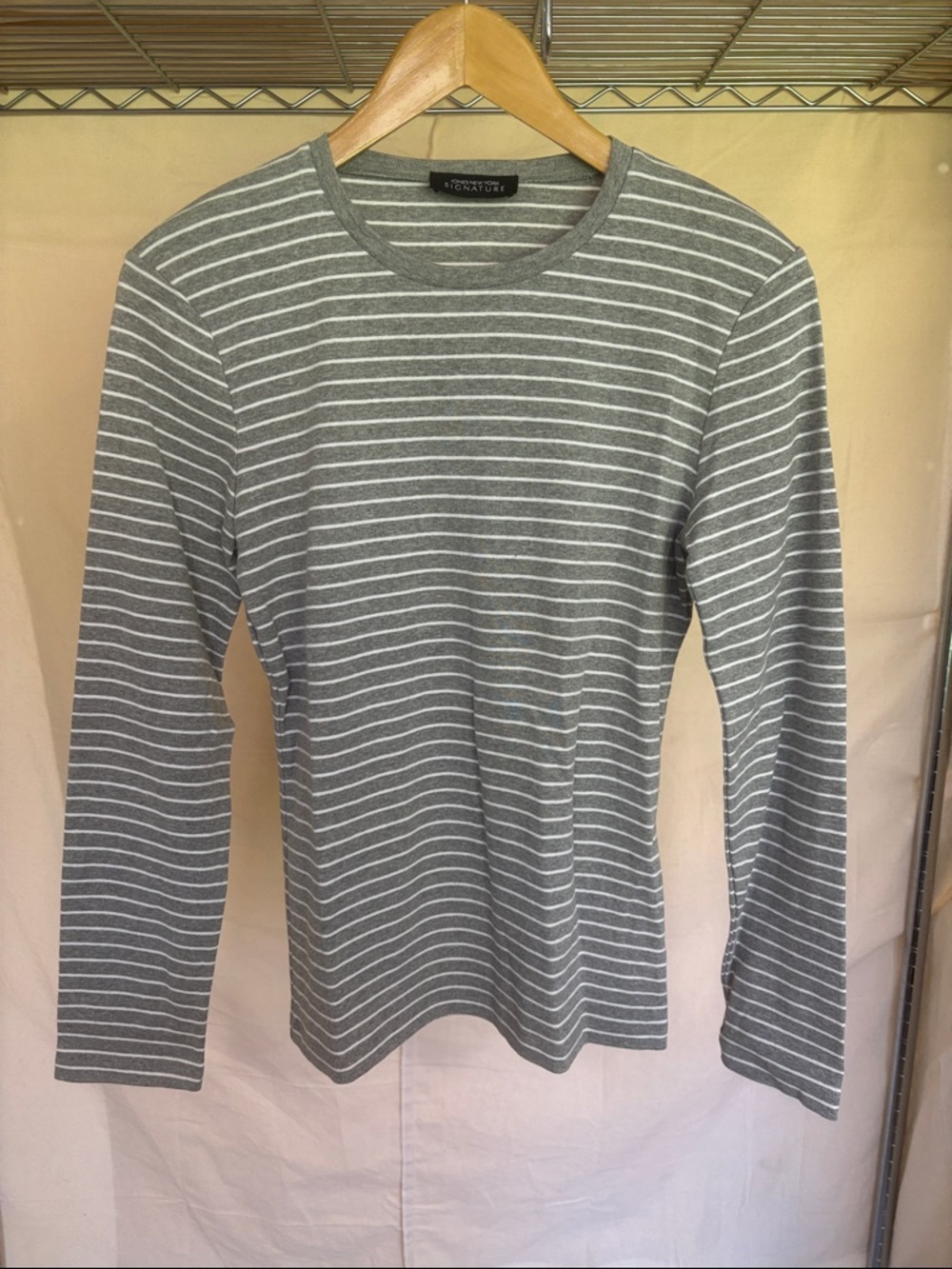 Jones New York Striped Crewneck Top - Gray & White